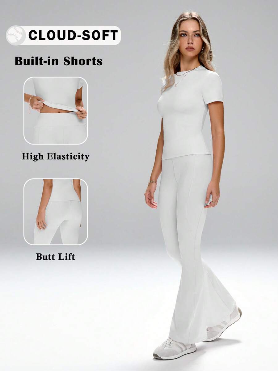 FWH 女士百搭两件套：保守百搭的设计，适合户外通勤、办公、健身和瑜伽等场合。甜美优雅的柔美风格，修身剪裁。腰部采用弹性面料，有效收紧腰身。圆领短袖上衣搭配高腰修身喇叭运动裤，拉长腿部线条。 - 灰色 - 查看 1