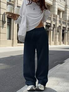 Sulojter Casual Loose Solid Color Elastic Waist Sweatpants - Navy Blue - View 4