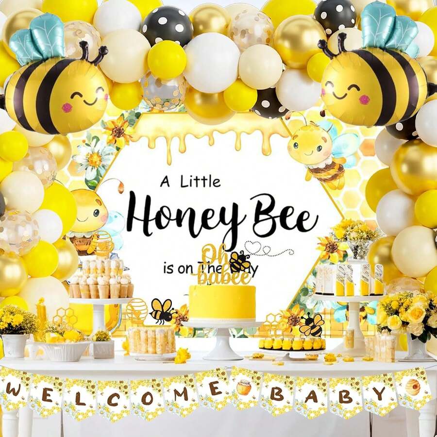 125pcs Bee-Themed Balloon Arch Set, Includes Bee Foil Balloons, As Well As Yellow, White, Polka Dot, And Glitter Foil Latex Balloons. Perfect For Birthday Parties, Baby Showers, Wedding Decorations, And Bee-Themed Party Decorations. - Multicolor - View 1
