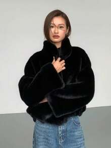 女士奢华黑色仿皮草大衣常规版型长袖立领夹克 - 黑色 - 查看 2