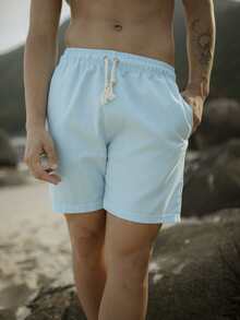Men's Linen Shorts Premium Line With Drawstring Cool Fabric Comfortable Everyday And Leisure Summer End Of Year - Baby Blue - View 3