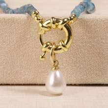 1 pieza Collar con colgante de estilo bohemio de piedra natural, apatita azul facetada de 3 mm, perla asimétrica falsa, hecho de materiales naturales, adecuado para el estilo de vacaciones y el uso casual diario, y como regalo para reuniones con amigos