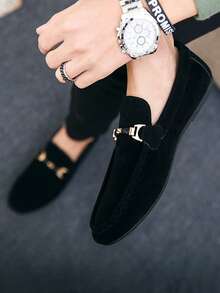 Men's Lightweight Metal Buckle Solid Color Loafers, Casual Everyday Canvas Moccasins