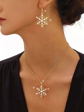 2 st. Halsband och örhängen med strass, set med snöflingor, Dam, Dagligen, Julfest, Bröllop, Casual, Högtidsgåva, Smyckeset
