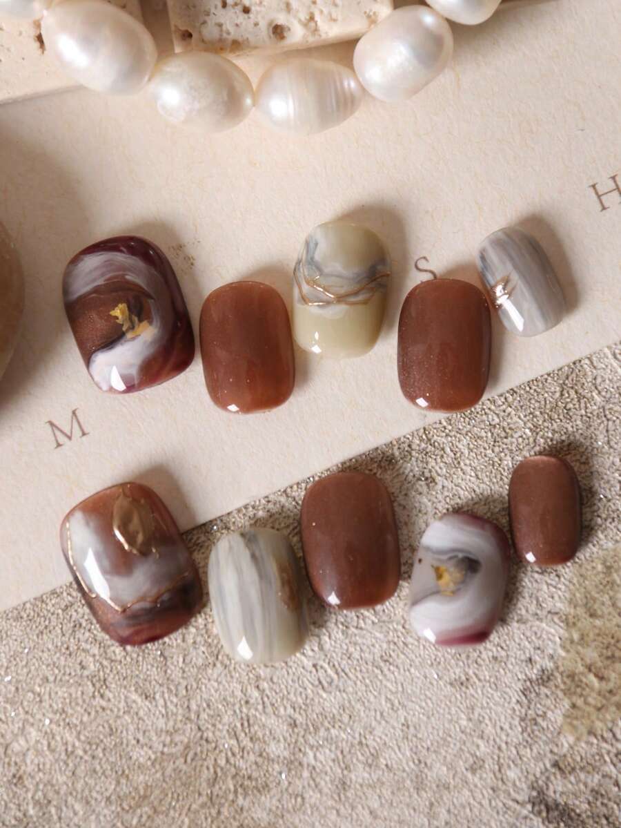 10pcs Press On Short Nail Fake Nails Brown Halation Marble Pattern Cat's Eye Artificial Nails Kit Includes 1sheet Adhesive Tabs &1 Pc Mini File Nail Supplies - Multicolor - View 1
