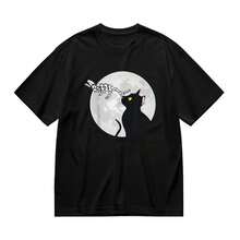Camiseta unisex divertida de mano de esqueleto, gato y luna para Halloween - 220g% algodón, blanco y negro, manga corta, cuello redondo, gráfico de Halloween, regalo para hombres, mujeres, papá, mamá y amigos, tallas S- - Negro - Ver 2