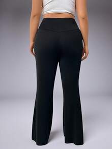 Pantalones de entrenamiento de talla grande para mujer con cintura alta, unicolor y volantes acuchillados - Negro - Ver 8