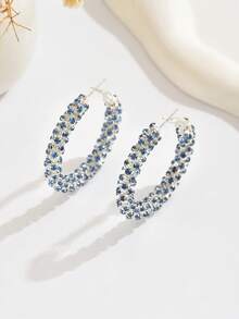 1 Pair Minimalist Chic Copper Rhinestone Geometric Round Luxury Hoop Earrings, Versatile & Elegant Accessories For Women