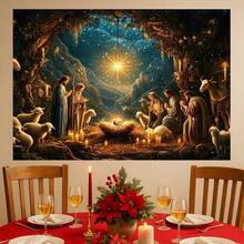 1 Peça Pano de Bottom com Tema Religioso de Natal: Cena da Natividade com o Menino Jesus, Anjos, Pastores, Caverna, Luz de Vela, Três Reis Magos, Padrão de Céu Estrelado, Adequado para Festa de Natal, Decoração de Bottom para Reunião Familiar, Cenário Fotográfico, Adereço de Vinil