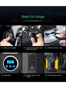 CARSUN Portable Tire Inflator Air Compressor, 150 PSI Cordless Air Pump, 12V DC Car Plug, Fast Inflation & Auto Shut-Off, LED Light, Smart Tire Pump For Cars, Bikes, Motorcycles, And Balls - Yellow - View 7