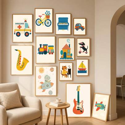 1 pieza Cuadro de lienzo enmarcado, decoración con tema de transporte, póster con tema musical, decoración de dibujos animados bohemios, arte decorativo retro y lindo de animales, ideal para habitaciones de niños, guarderías, paredes temáticas de dormitorios de niños y niñas, decoración de aulas de guardería y preescolar, decoración de salas de juegos, regalos