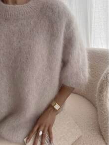 1pc Women Solid Color Soft Fleece Casual Beach Daily Wear Sweater, Short Sleeve Knit Top, Fashionable, Elegant, Comfortable, Stretchy, Warm, Crew Neck, Regular Length Pullover - Beige - View 1