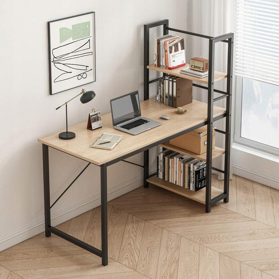 Biurko komputerowe z regałem jasno-brązowe 120CM - Light Brown - Zobacz 1