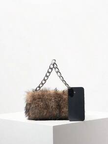 Solid Fuzz Soft Candy Color Chain Satchel Bag, Y2K Style Women Shoulder Bags, Cute Charm Clutch, Holiday Party Dress, Random Pattern Fur Purse, Halloween Purse Perfect For Fancy Party Halloween Fashion & Gothic Fashion, New Arrival Fur Bag For Women - 棕色 - 查看 8