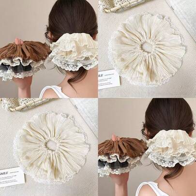 1 pièce/3 pièces Femmes Élégant Doux Couleur Unie Plissé Double Couche Dentelle Bordure 28cm Super Grand Chouchou, Convient pour Queue de Cheval, Chignon, Habillage, Port Quotidien, Bohème Élégant, Élastiques à Cheveux, Chouchous