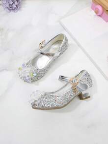 Zapatos de danza de cristal para niñas, estilo de princesa de tacón alto para primavera y otoño para niños - Plateado - Ver 4