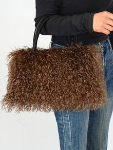 Women's Plush Handbag, Plush Large Capacity Shoulder Bag, New Fashion Faux Fur Bag With Zipper Closure, 11 Colors (White, Black, Caramel, Blue, Orange, Rose Red, Green, Korean Pink, Khaki, Dark Gray, Violet) Fashion Matching,  Handbag, Soft Texture, Casual Wear - 焦糖色 - 查看 6