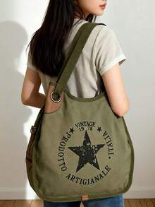 Túi xách nữ cỡ lớn in hình ngôi sao cổ điển, có khóa kéo, màu xanh ô liu/đen/xám/kaki, kiểu dáng cổ điển retro, có thể đeo vai hoặc đeo chéo, giặt máy được, nhiều ngăn, in chữ, trang trí họa tiết, thời trang đa năng, lý tưởng cho đi làm, mua sắm, du lịch, dự tiệc, hẹn hò và các dịp năm mới. - Nhiều màu - Xem 3