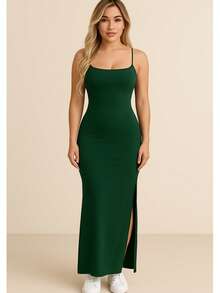 Women's Elegant Casual Long Dress In Ribbed Knit With Side Slits - màu xanh lá - Xem 9