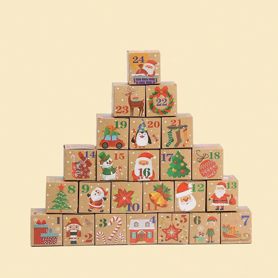 Cajas de calendario de adviento de Navidad DIY, cajas de regalo de Navidad para el conteo regresivo, cajas de números de cartón de Navidad para la familia, decoración navideña para fiestas - Caqui - Ver 1