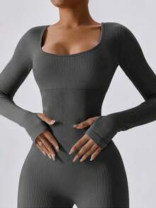 Yefecy Women's Soft Stretch Ribbed Jumpsuit - Long Sleeve Tight-Fitting One-Piece For Yoga Practice