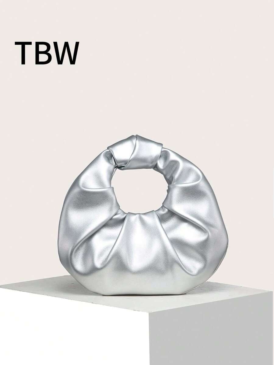 女士云褶手提包，纯色，结饰时尚，适合外出。 - 銀色 - 查看 1