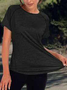 Tricou sport pentru femei, culoare solidă - guler rotund, ușor, mânecă scurtă, amestec elastic de poliester, potrivit pentru primăvară și vară, stil simplu lejer, rezistent la culoare, bluză casual cu mânecă jumătate