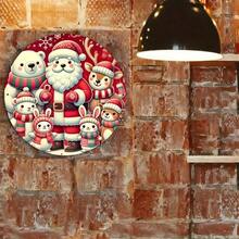 1pc 7.87 Inch Round Aluminum Metal Plaque - Rustic Christmas Santa & Animal Holiday Decorative Sign With Snowflakes, Holly & Reindeer, Matte Finish, Pre-Drilled Holes For Easy Hanging, No Electricity Needed For Indoor/Outdoor Home, Farmhouse, Store, Garden, 2D Flat Home Decor Christmas Decorations Room Decor