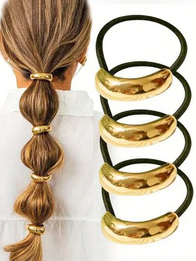 4/1 pieza Scrunchies de metal dorado para mujer - Accesorios de pelo elásticos con diseño geométrico, adecuados para cabello grueso, elegantes accesorios de pelo vintage para cumpleaños y ocasiones especiales, diseño delicado, ajustable y flexible, sujetadores de coleta, bandas elásticas para el cabello, accesorios para la cabeza