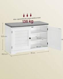 Banco Zapatero de 3 Niveles, con Puertas y Cojín, Estantes Ajustables, 35,5 x 81 x 52,5 cm, para Entrada, Dormitorio, Blanco Nube y Gris Paloma - Blanco - Ver 5