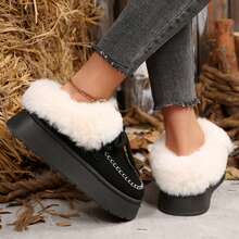 Slippers For Women Fall Winter Warm Faux Fur Lined Ankle Boots Indoor Outdoor House Shoes Cotton Fuzzy Bedroom Slippers - 黑色 - 查看 10