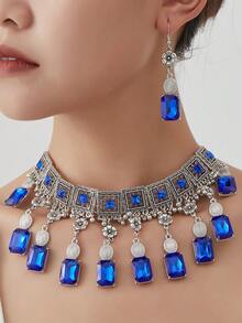 3pcs Exaggerated Square Geometric Necklace Set, Minimalist Luxury Necklace And Earrings Jewelry Set For Women - Rectangular Necklace - View 3