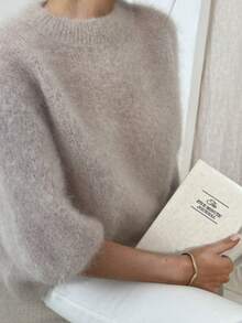 1pc Women Solid Color Soft Fleece Casual Beach Daily Wear Sweater, Short Sleeve Knit Top, Fashionable, Elegant, Comfortable, Stretchy, Warm, Crew Neck, Regular Length Pullover - Beige - View 3