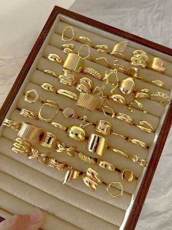 6/14/15/25pcs Set Chunky Asymmetrical Geometric Textured Liquid Shape Heart Teardrop Criss-Cross Multi-Layer Minimalist Plain Band Wavy Metal Exaggerated Wide Chunky Ring Set, Fashion Elegant Vintage Design, Suitable For Holiday, Party, Date, Gift, Daily Wear