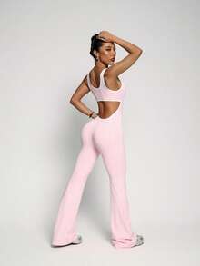 Midriff-Revealing Design, Elongates Leg Lines, Sexy Sportswear, Showcases Confident Charm, Backless Sports Jumpsuit, Cinched Waist Flare Pants Bodysuit, Butt-Lifting Activewear, Waist-Cinched Butt-Lifting Yoga Shapewear Jumpsuit - Pink - View 3
