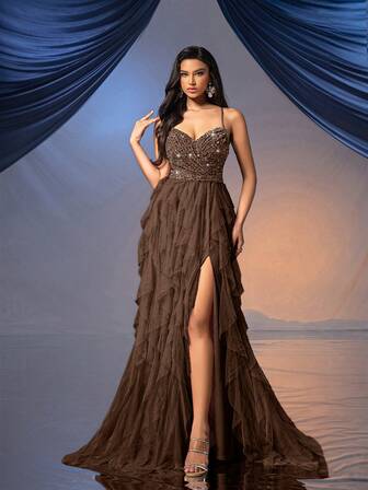 QOQ Fairy Style Women's Formal Dress Romantisk Aftonklänning För Bröllopsevenemang, Cocktailparty, Välgörenhetsbaler Enfärgad Rygglös Paljettklänning i Mesh Balklänning