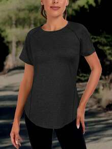 Tricou sport pentru femei, culoare solidă - guler rotund, ușor, mânecă scurtă, amestec elastic de poliester, potrivit pentru primăvară și vară, stil simplu lejer, rezistent la culoare, bluză casual cu mânecă jumătate