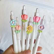 6pcs/Set Floral Design Ballpoint Pens, 0.5mm Black Ink Refill, High Quality Retractable Pens, Cute Stationery Gift For Students, Girls, Back To School Supplies