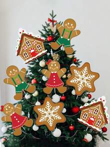 4 buc - decor de brad de Crăciun din turtă dulce, bețișoare de brad de Crăciun din turtă dulce, fulg de zăpadă, casă și bărbat, pentru decor de Crăciun, masă, vază, umplutură, decor de petrecere de sărbători