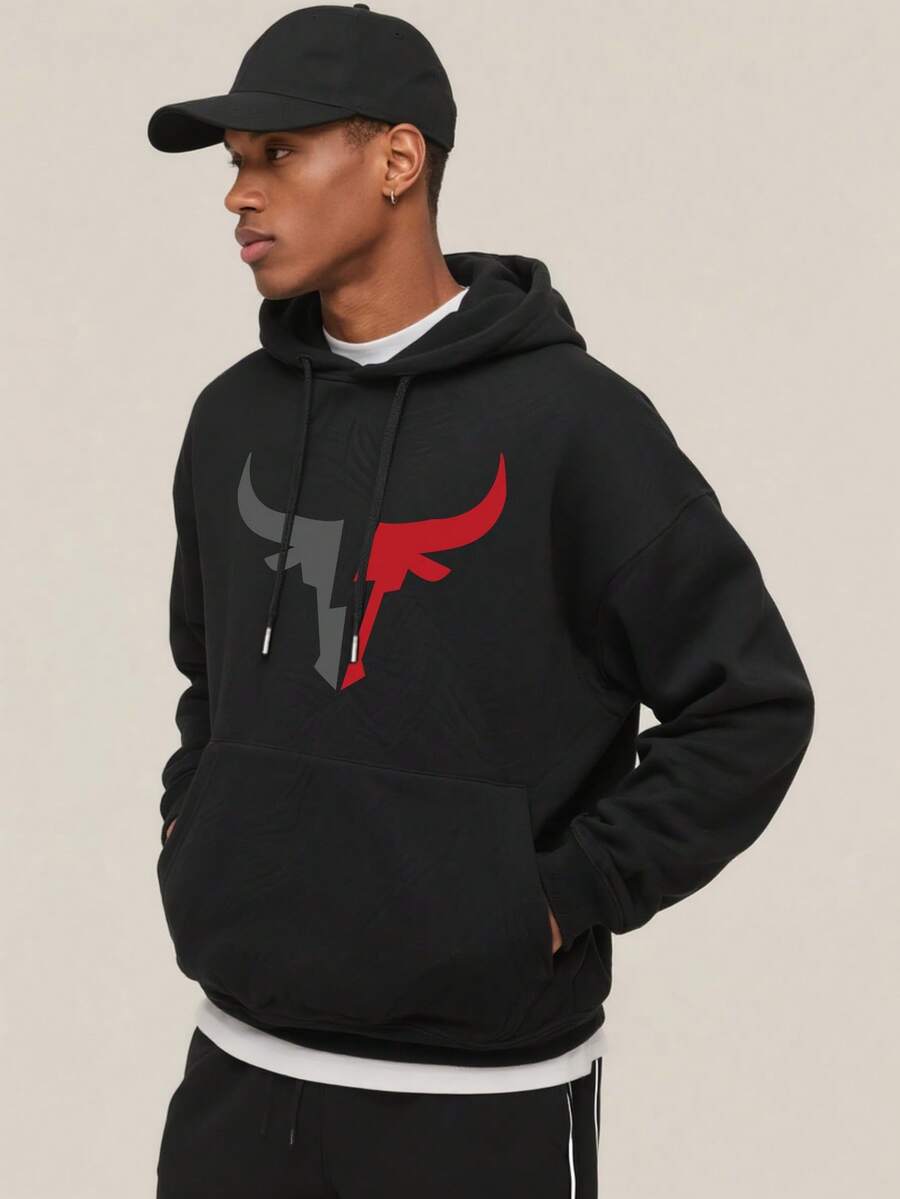 Men's Casual Bull Head Print Hoodie Sweatshirt, Back To School, Autumn/Winter