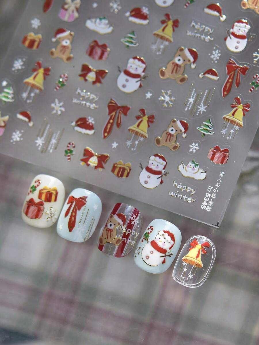 2025新款5D雪人可爱小熊美甲贴纸，带蝴蝶结、圣诞帽、礼盒、铃铛、圣诞树卡通节日美甲趣味自粘贴纸装饰，适合女性指甲 - 彩色 - 查看 1