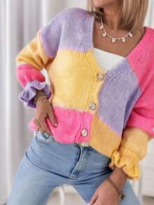 Women's Contrast Color Drop Shoulder Long Sleeve Casual Knit Cardigan, Autumn/Winter - Multicolor - View 4