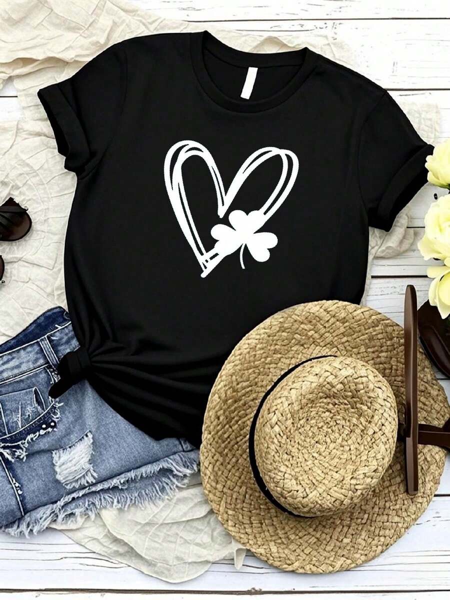 Women T-Shirt Print Shamrock And Hand Drawn Heart St Patty's Day Shirt,St. Patricks Day Shirt,Four Leaf Clover,Shamrock Shirts,Patrick's Day,Irish Tshirt Unisex Designer Clothes Fashion Soft Women Top Graphic Tees Comfortable Slightly Streetwear Female Breathable - Black - View 1