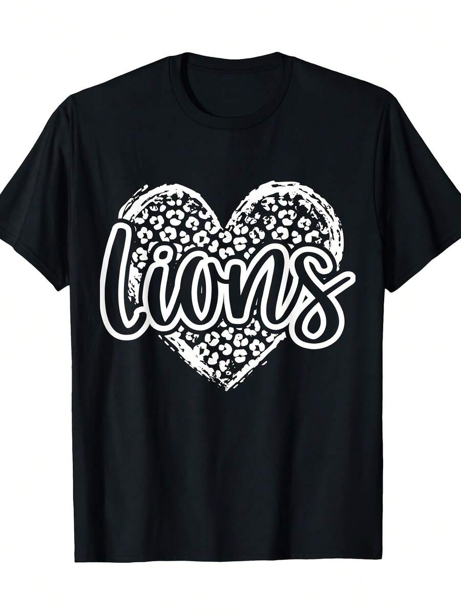 Women's Lion Spirit Leopard Heart Graphic T-Shirt - Soft 100% Cotton Casual Tee, Black With White LIONS Print & Leopard Heart Design, Short Sleeve Crew Neck, Machine Washable, Allseason Tshirt| Bold Print Top| Comfortable Fit Shirt, Lion T Shirt - màu đen - Xem 1