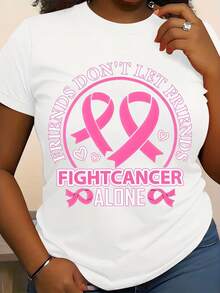 Women's Breast Cancer Graphic Crew Neck T-Shirt, Featuring A Cancer Awareness Ribbon, Stands In The Fight Against Cancer. Suitable For All Seasons, Spring, Summer, Autumn, And Winter. Available In Low-Stretch Cotton (S-5XL).