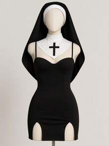 Set de 3 pz Disfraz de monja sexy para Halloween, vestido corto de antelina sin mangas con detalle cruzado, traje de fiesta divertido - Negro - Ver 2