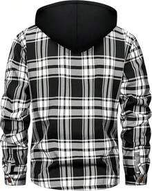 Men's Winter Fleece Warm Thick Plaid Jackets Heavyweight Cotton Hoodies Flannel Hooded Shirt JacketChristmas VTWT - A08黑白 - 查看 3