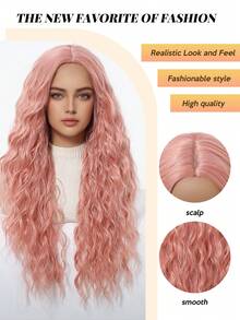 高品质 26 英寸八字形流苏粉色长卷发合成耐热纤维假发女士假发非常适合节日派对日常佩戴 - 粉色 - 查看 9