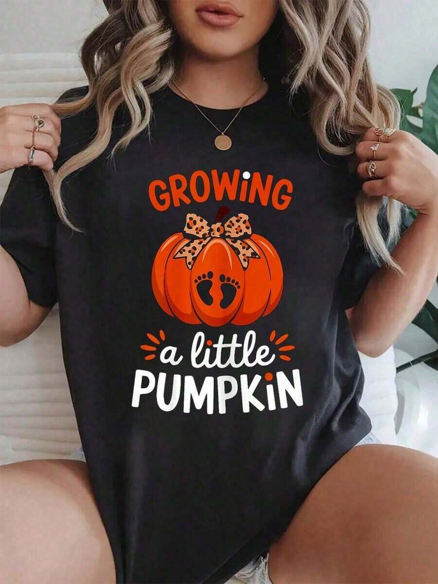 100% Algodón Cultivando una Calabaza Pequeña Acción de Gracias Embarazo Feliz Otoño Camiseta para Mujeres Camiseta Suelta, Casual y Versátil - Negro - Ver 1