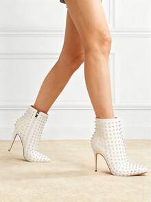 Zzheels Women Stylish Rhinestone Ankle Boots Closed Pointed Toe 4.72" Stiletto Heel Sparkly Crystals Booties For Autumn Wear - trắng - Xem 2